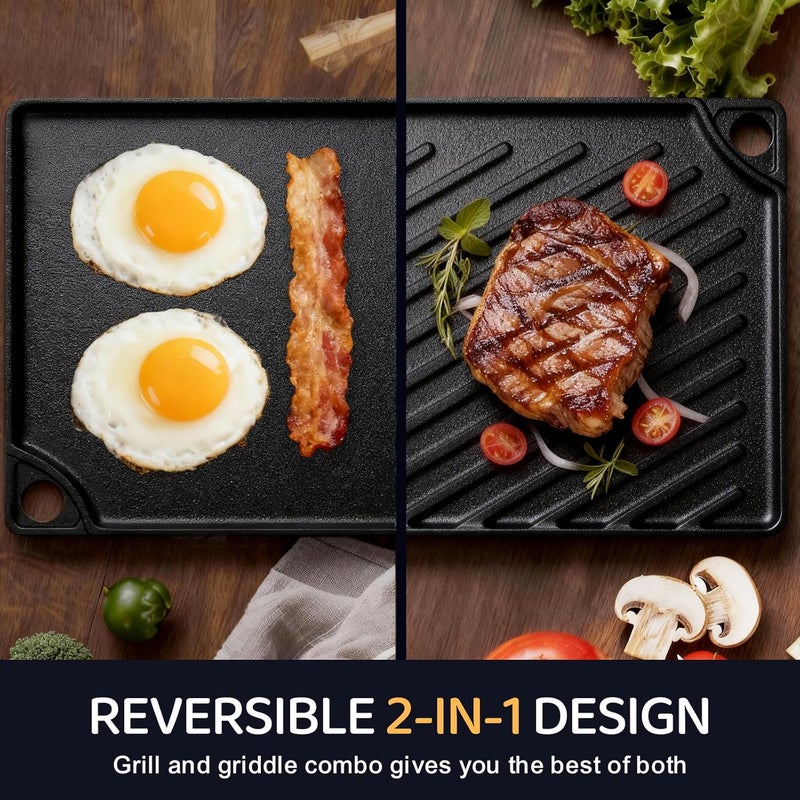 EWFEN Reversible Grill/Griddle, 16.7x9.5'' Pre-Seasoned Cast Iron Griddle Pan, Double Burner Cookware, Rectangular Non-Stick Stovetop Griddle with Handles, Flat Top Plate for Oven, Grill & Campfire - Image 5
